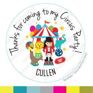 Circus Stickers Party Personalized Printed Round..