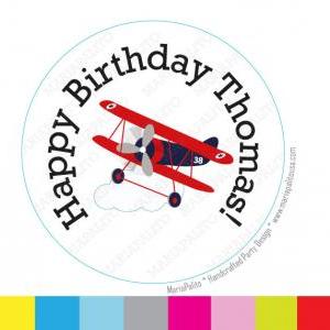 Biplane Stickers Party Personalized Printed Round..