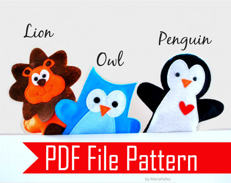 Pdf Sewing Pattern For Lion, Owl And Penguin Hand Puppet - 3 Puppet Pattern Pdf File A510