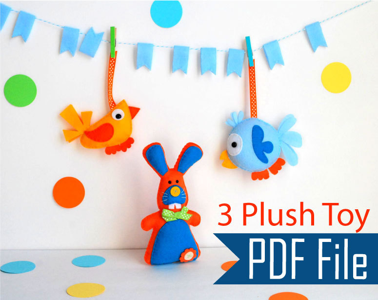 Sewing Pattern Pack : 3 Plush Toy Pack - Cute Bunny - Modern Bird - Round Funny Bird - Spring Toy Collection Pdf A503