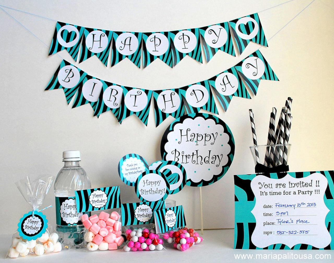 Zebra Printable Party Birthday Package - Black And Turquoise Set - Pdf File A497