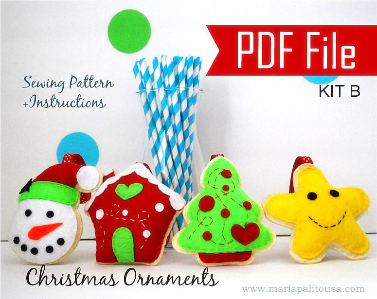 Pdf Diy Christmas Ornament Set Of 4 Felt Sewing Pattern Snowman, Gingerbread House, Happy Star, Christmas Tree- Kit B Mariapalito A867