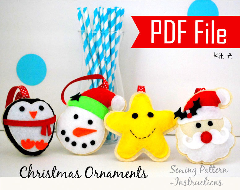 Pdf Diy Christmas Ornament Set Of 4 Felt Ornaments, Sewing Pattern Snowman, Santa, Happy Star, Penguin- Kit A Mariapalito A868