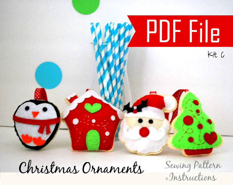 Pdf Diy Christmas Ornament, 4 Felt Sewing Pattern Penguin, Gingerbread House, Santa And Christmas Tree- Kit C, Instant A866