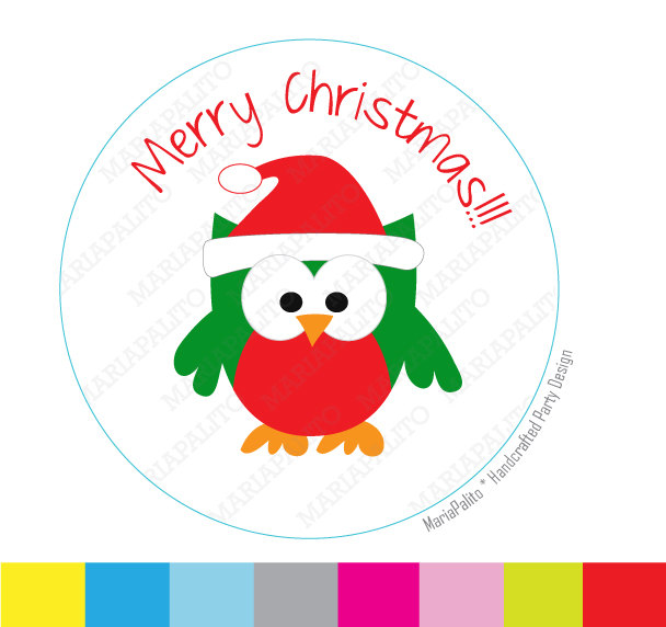 Chistmas Stickers, Christmas Owl Printed Round Stickers, Tags, Labels Or Envelope Seals Mariapalito A919