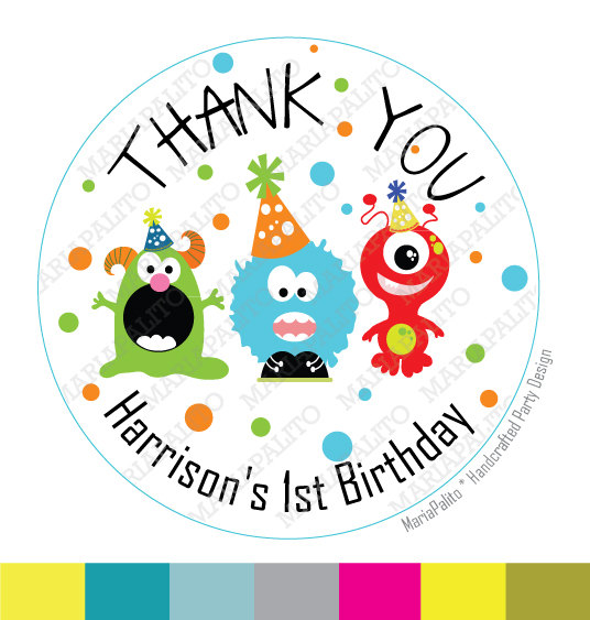 Monster Birthday Party Personalized Thank You Birthday Printed Round Stickers, Tags, Labels Or Envelope Seals Mariapalito A658