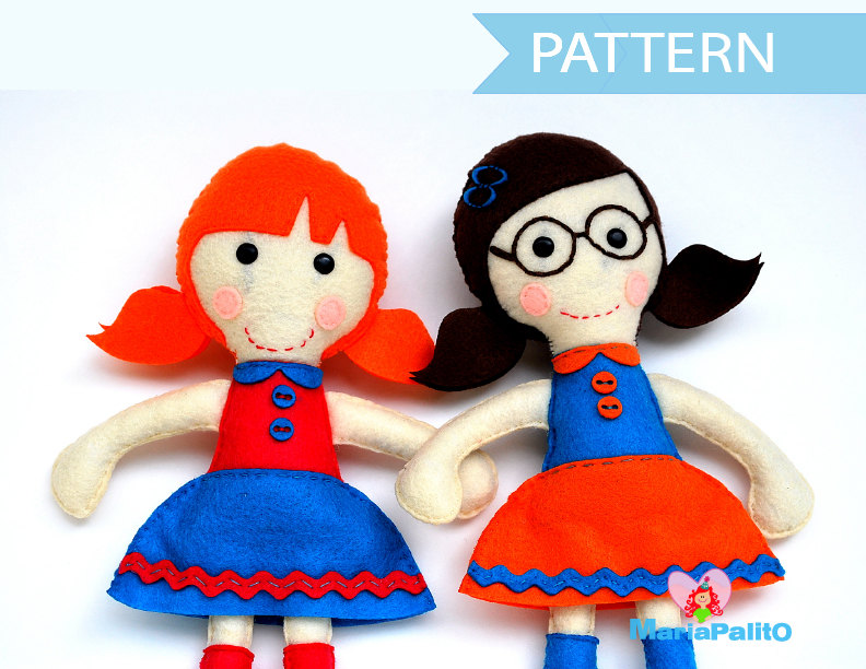 Felt Rag Doll Sewing Pattern, Two Doll Pattern Pack A1089